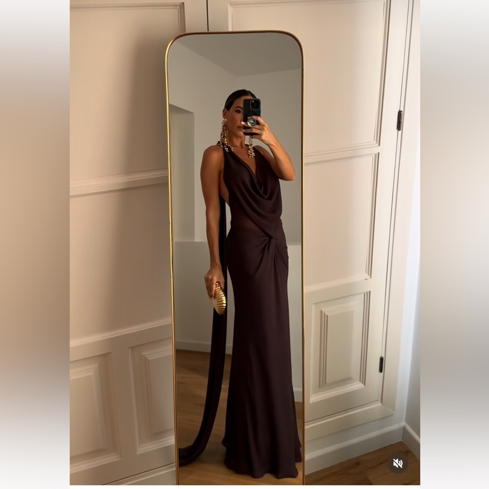 ZARA BROWN DRAPED HALTER DRESS